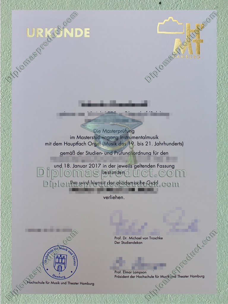 Hochschule für Musik und Theater Hamburg Urkunde, HfMT Hamburg Degree Hochschule für Musik und Theater Hamburg Urkunde, HfMT Hamburg Degree