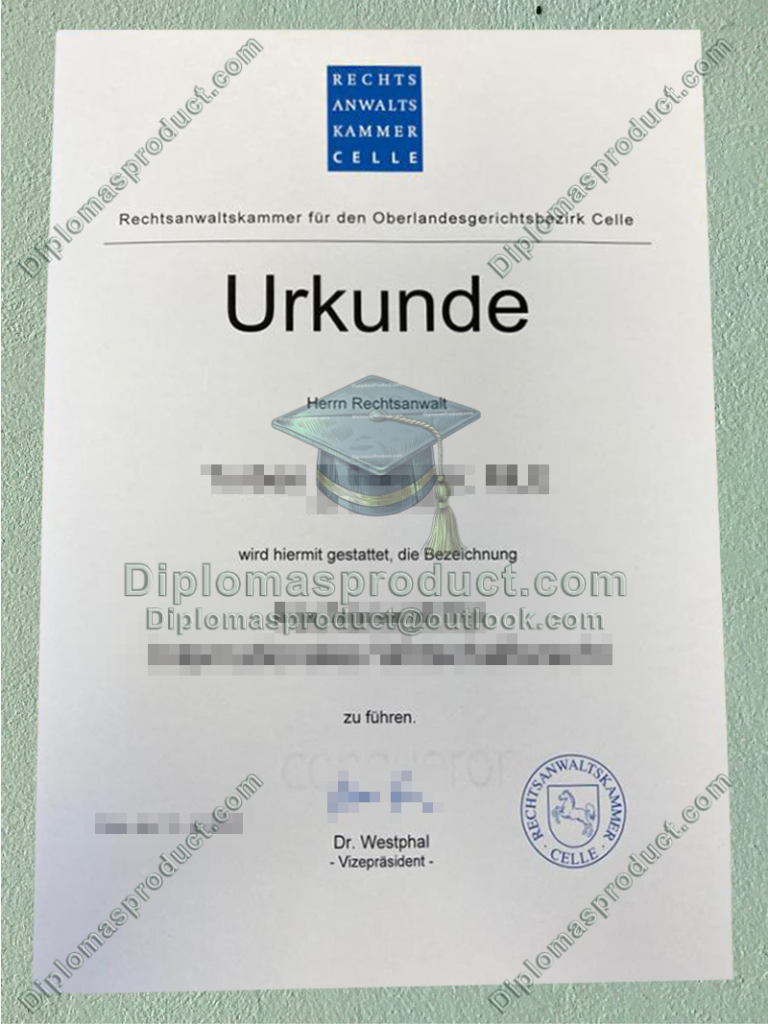 RAK Celle Urkunde, Rechtsanwaltskammer Celle Degree RAK Celle Urkunde, Rechtsanwaltskammer Celle Urkunde