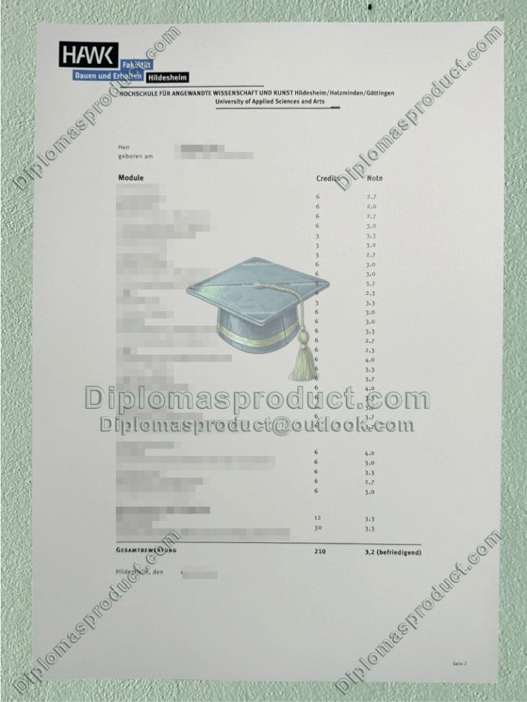 HAWK Zeugnis, Hochschule für angewandte Wissenschaft und Kunst Degree