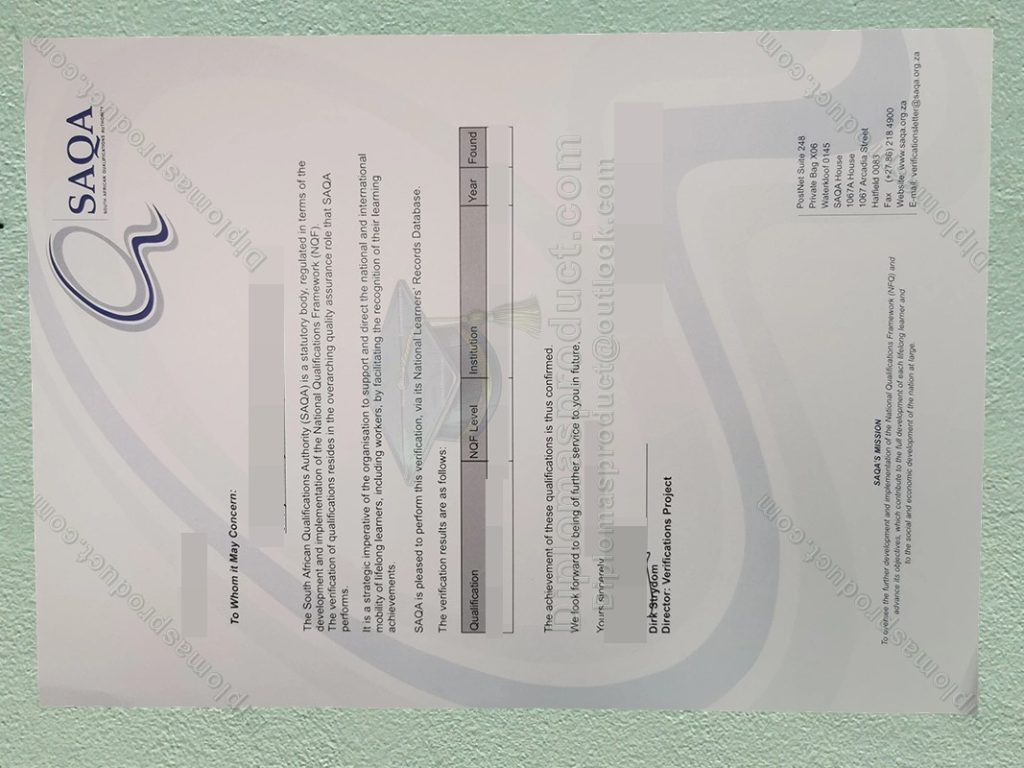 SAQA certificate, South African Qualifications Authority diploma