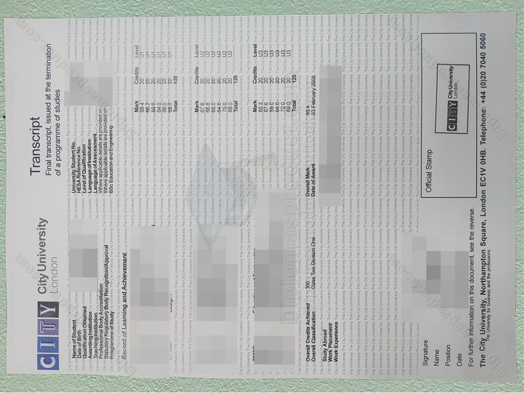 City University London transcript, City University London degree