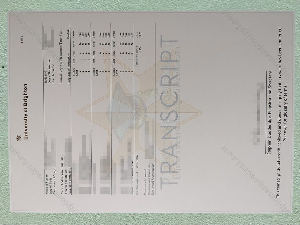 University of Brighton Transcript, University of Brighton Degree