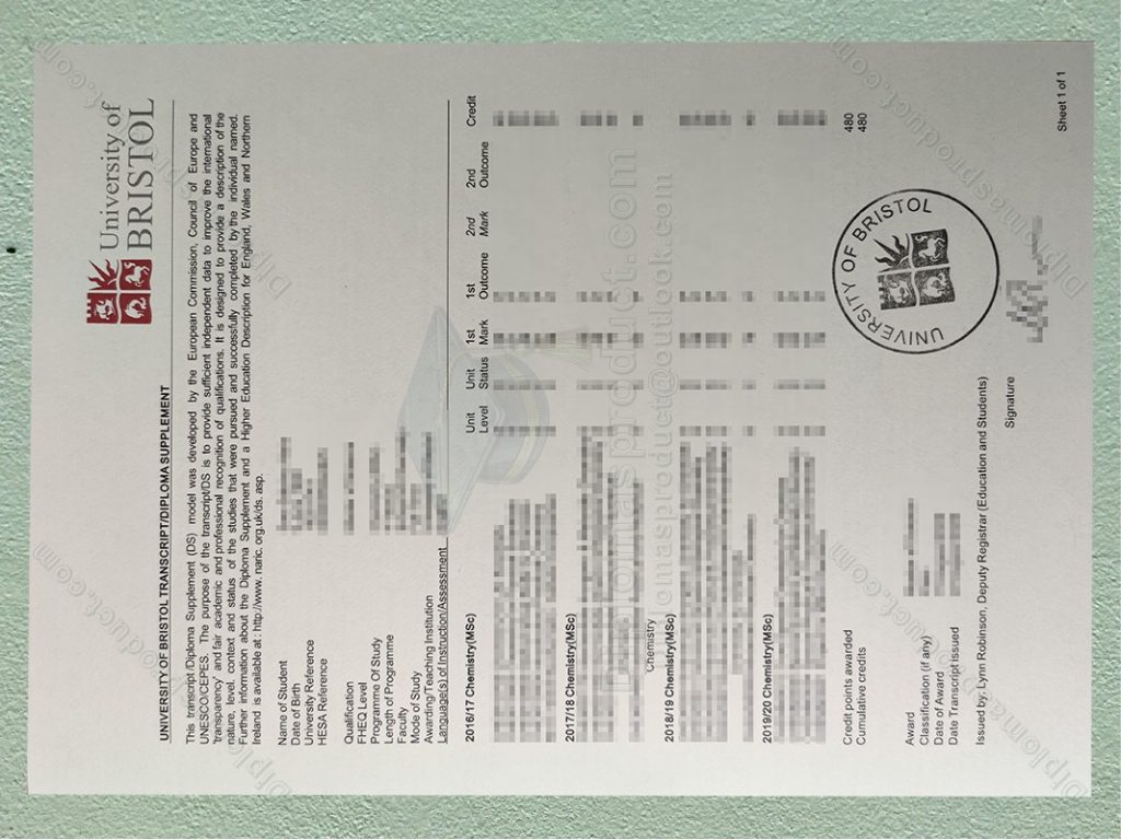 University of Brtistol Transcript, University of Brtistol Degree
