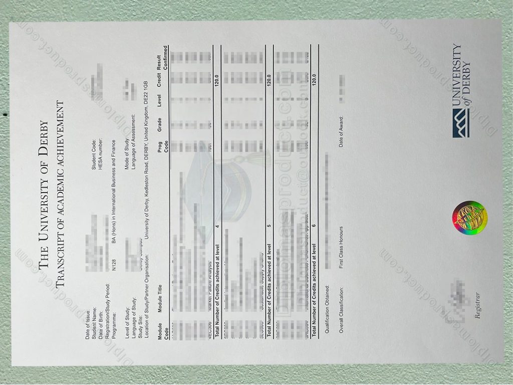 University of Derby transcript, University of Derby degree